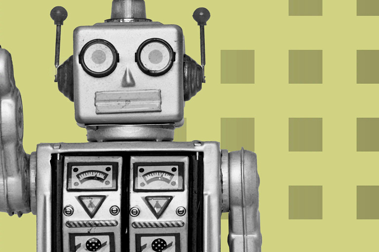 Vintage-style silver robot shown from the chest up, with boxy metal body, dials and gauges on its torso, jointed arms, and antenna-like details on its head, set against a light green patterned background.