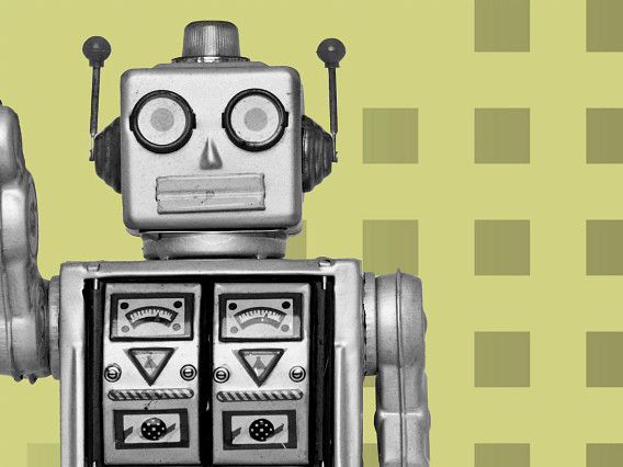 Vintage-style silver robot shown from the chest up, with boxy metal body, dials and gauges on its torso, jointed arms, and antenna-like details on its head, set against a light green patterned background.