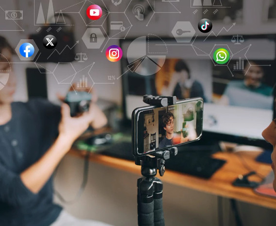 Influencer recording a video on their phone, overlaid with icons of social media apps