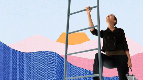 colorful montage with a person climbing a ladder into the sky