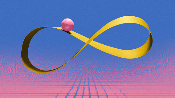 A golden infinity loop floats against a blue background with a pink gradient grid below, featuring a pink sphere balanced on the upper curve, symbolizing continuity and limitless possibilities.