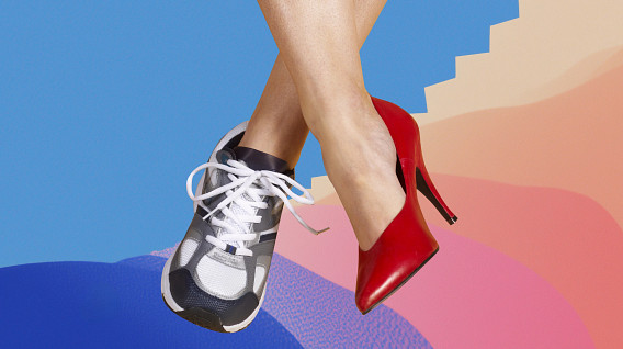 A pair of crossed legs wearing mismatched shoes—one black-and-white athletic sneaker and one bright red high heel—against a colorful abstract background of blue, pink, and beige shapes, symbolizing balance between work and personal life.