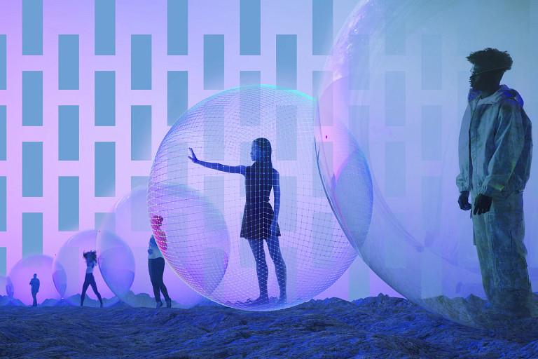 A futuristic scene showing several people enclosed in transparent, glowing spheres on a textured, rocky terrain. Each sphere emits a soft blue and purple light, with the figures inside appearing as silhouettes or partially lit. The background features a gradient of blue and pink hues with abstract rectangular patterns, adding a surreal and dreamlike atmosphere.