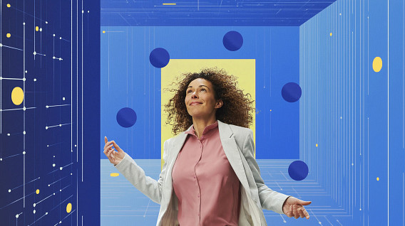 A woman in a light blazer and pink blouse stands confidently in a futuristic, abstract environment. The background features a digital-style design with blue grids, lines, and yellow and navy circular elements, creating a high-tech and innovative atmosphere. Her upward gaze and open posture convey optimism and empowerment.