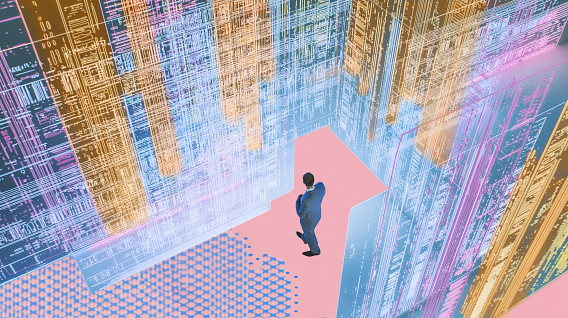A person in a suit stands at the center of a vibrant, futuristic environment filled with glowing digital patterns and circuit-like designs. The background features a blend of colors, including blue, orange, and pink, creating a high-tech atmosphere. The individual appears to be exploring or contemplating the intricate digital landscape around them, symbolizing innovation and the intersection of technology and decision-making.