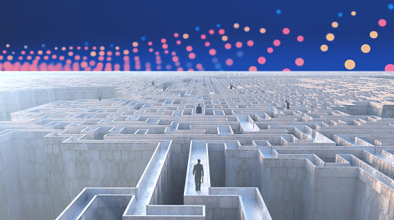 colorful montage of a small figure of a person in a maze of data