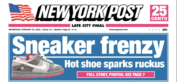 Part of the front page of the New York Post from February 23 2005 with the main headline Sneaker Frenzy - hot shoe sparks ruckus